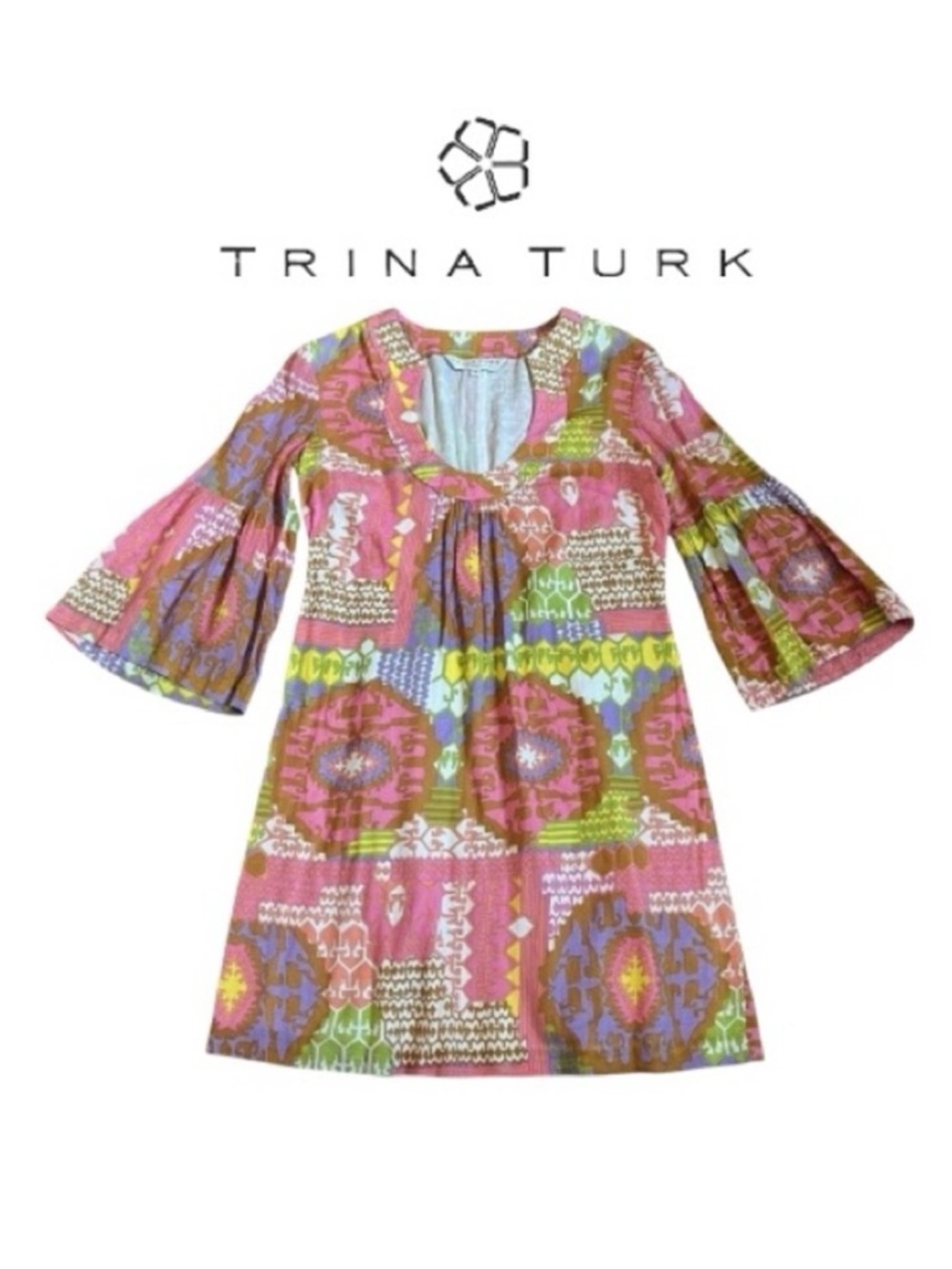 Trina Turk ‘Bonita’ Multi-Colored 3/4 Bell Sleeve Retro Mod Shift Dress